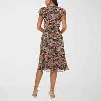 MSK Womens Short Sleeve Floral Midi Fit + Flare Dress