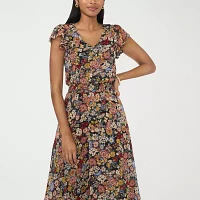 MSK Womens Short Sleeve Floral Midi Fit + Flare Dress