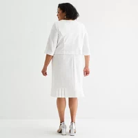 Maya Brooke Womens Pearl Trim Jacket Dress Plus