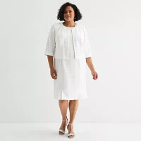 Maya Brooke Womens Pearl Trim Jacket Dress Plus