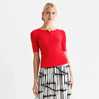 Worthington Womens Y Neck Elbow Sleeve Henley Shirt