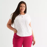 Liz Claiborne Plus Womens Crew Neck Short Sleeve Blouse