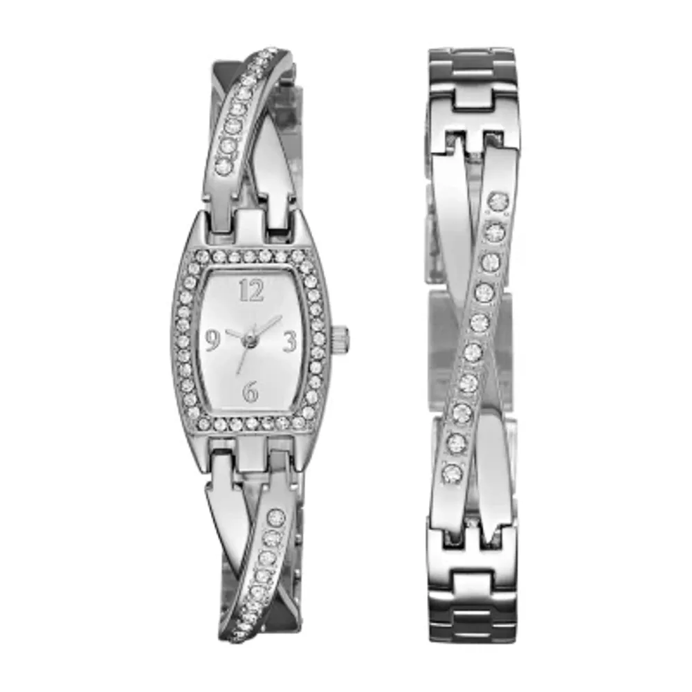 Geneva Womens Silver-Tone Bangle Watch Boxed Set