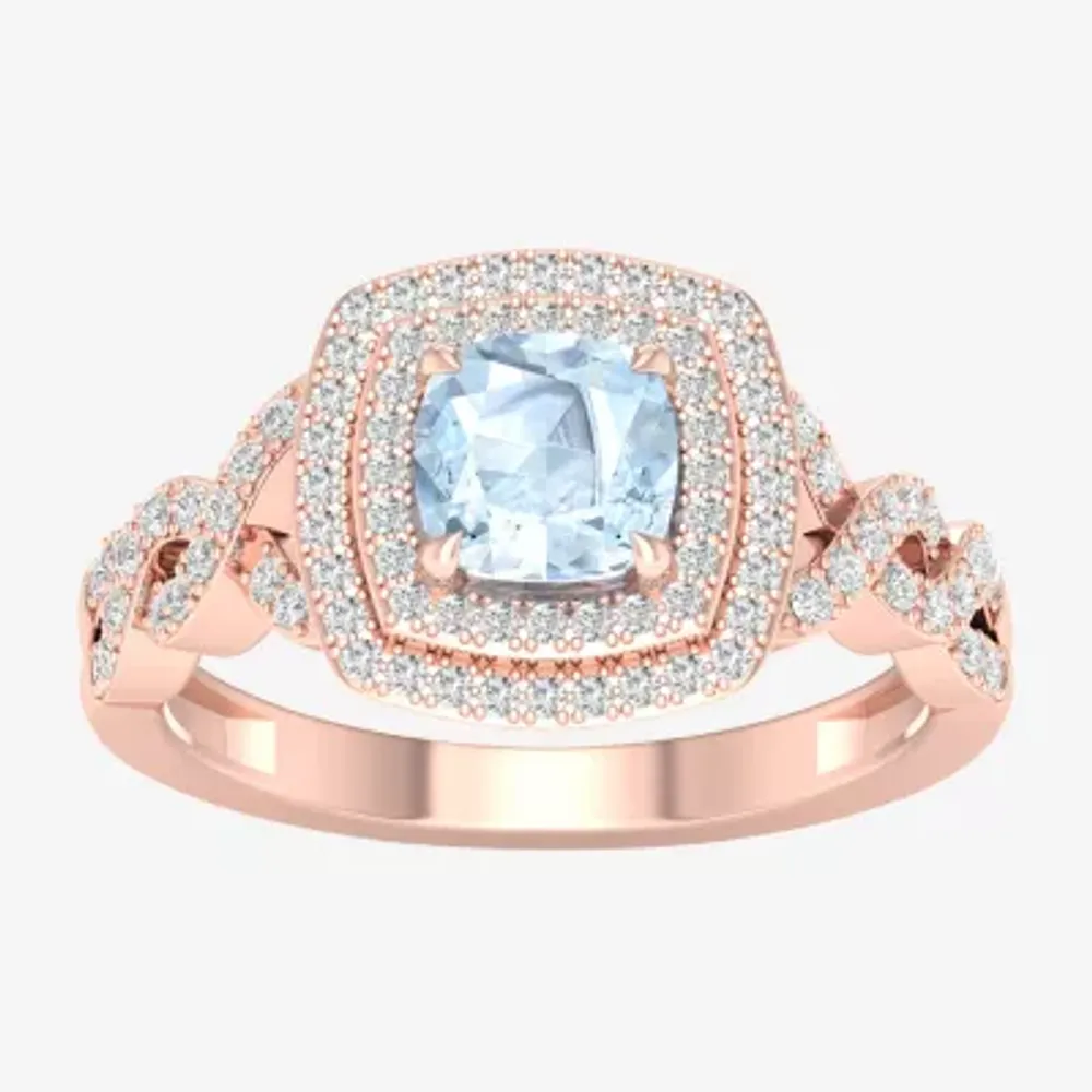 Womens Genuine Blue Aquamarine & 1/4 CT. T.W. Natural White Diamond 10K Rose Gold Cushion Halo Cocktail Ring