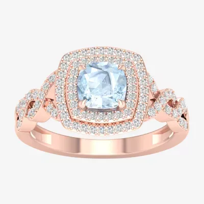 Womens Genuine Blue Aquamarine & 1/4 CT. T.W. Natural White Diamond 10K Rose Gold Cushion Halo Cocktail Ring