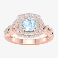 Womens Genuine Blue Aquamarine & 1/4 CT. T.W. Mined White Diamond 10K Rose Gold Cushion Halo Cocktail Ring