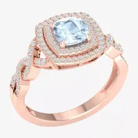 Womens Genuine Blue Aquamarine & 1/4 CT. T.W. Mined White Diamond 10K Rose Gold Cushion Halo Cocktail Ring