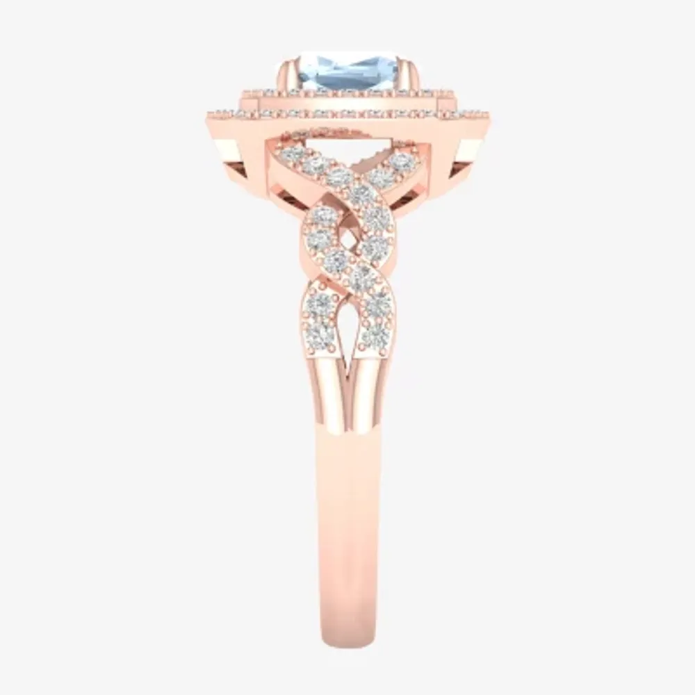 Womens Genuine Blue Aquamarine & 1/4 CT. T.W. Mined White Diamond 10K Rose Gold Cushion Halo Cocktail Ring