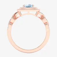 Womens Genuine Blue Aquamarine & 1/4 CT. T.W. Mined White Diamond 10K Rose Gold Cushion Halo Cocktail Ring