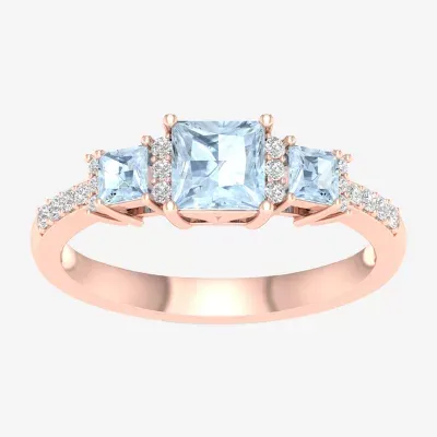 Teardrop Womens 1/8 CT. T.W. Genuine Blue Aquamarine 10K Rose Gold 3-Stone Cocktail Ring