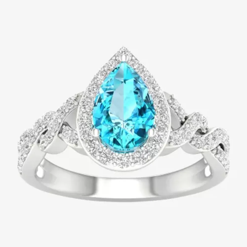 Womens Genuine Blue Topaz Sterling Silver Halo Cocktail Ring