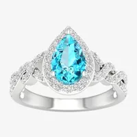 Womens Genuine Blue Topaz Sterling Silver Halo Cocktail Ring