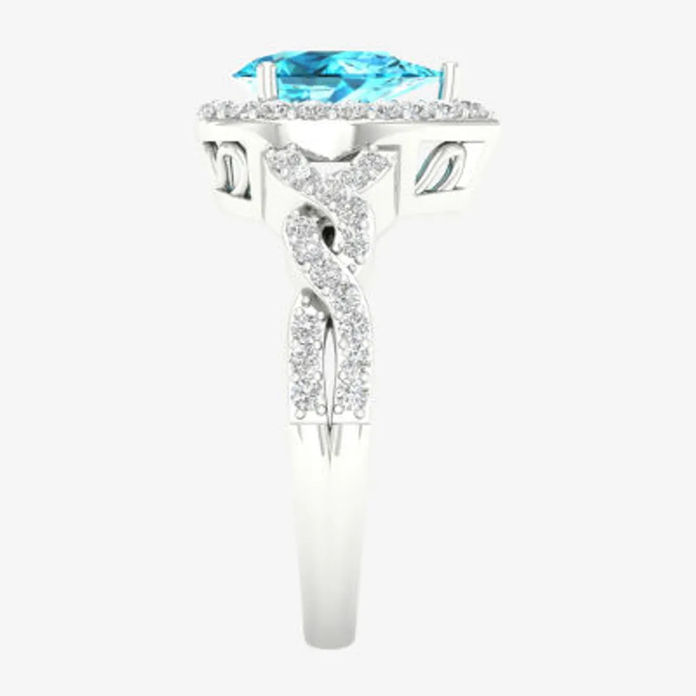 Womens Genuine Blue Topaz Sterling Silver Halo Cocktail Ring