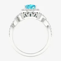 Womens Genuine Blue Topaz Sterling Silver Halo Cocktail Ring