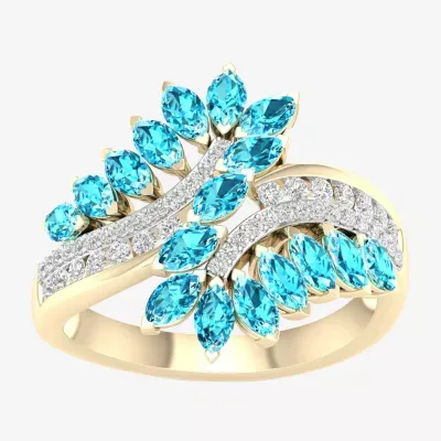 Womens Genuine Blue Topaz 14K Gold Over Silver Cluster Bypass  Cocktail Ring