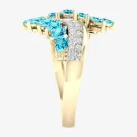 Womens Genuine Blue Topaz 14K Gold Over Silver Cluster Bypass  Cocktail Ring