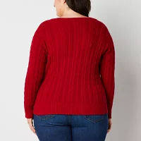 St. John's Bay Plus Womens V Neck Long Sleeve Cable Knit Pullover Sweater