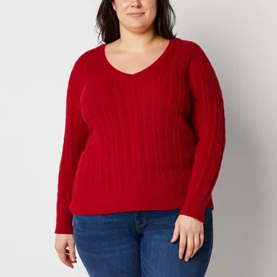 St. John's Bay Plus Womens V Neck Long Sleeve Cable Knit Pullover Sweater