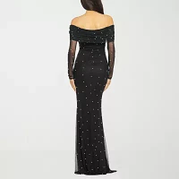 Premier Amour Off The Shoulder Womens Long Sleeve Pearl Trim Evening Gown