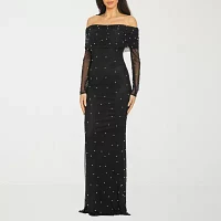 Premier Amour Off The Shoulder Womens Long Sleeve Pearl Trim Evening Gown