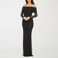Premier Amour Off The Shoulder Womens Long Sleeve Pearl Trim Evening Gown