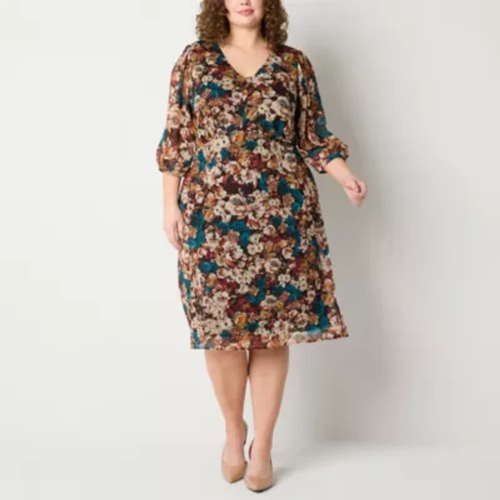 Connected Apparel Womens 3/4 Sleeve Floral Fit + Flare Dress Plus