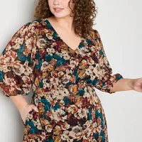 Connected Apparel Womens 3/4 Sleeve Floral Fit + Flare Dress Plus