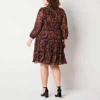 Studio 1 Womens Long Sleeve Paisley Midi Fit + Flare Dress Plus