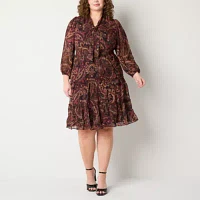 Studio 1 Womens Long Sleeve Paisley Midi Fit + Flare Dress Plus