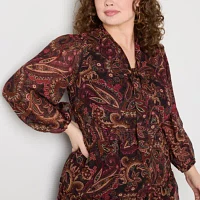 Studio 1 Womens Long Sleeve Paisley Midi Fit + Flare Dress Plus