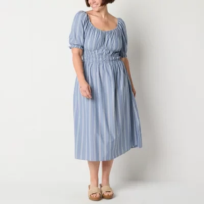 a.n.a Womens Short Sleeve Striped Midi A-Line Dress