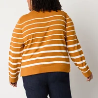 Liz Claiborne Plus Womens Boat Neck Long Sleeve Striped Pullover Sweater