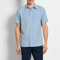 Van Heusen Mens Moisture Wicking Regular Fit Short Sleeve Grid Button-Down Shirt