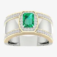 Mens Lab Created Green Emerald 10K Gold Sterling Silver Fashion Ring