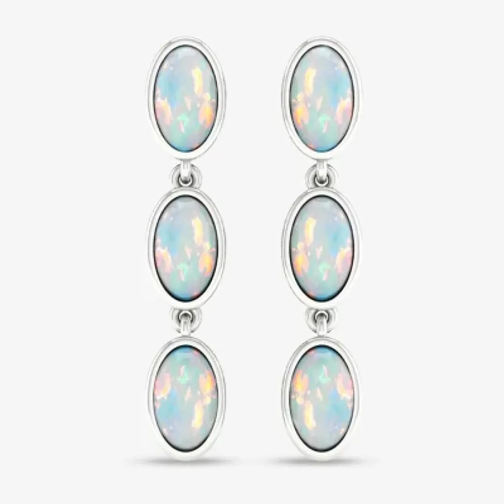 Lab Created White Opal Sterling Silver Oval Drop Earrings