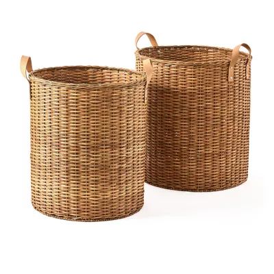 Baum Rattan Round Decorative Basket with Faux Leather Handles