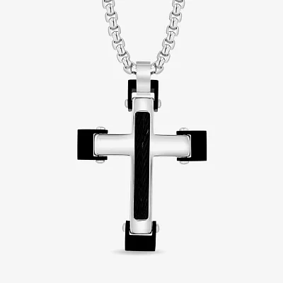 Mens Stainless Steel and Black Cable Cross Pendant