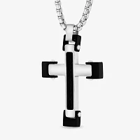 Mens Stainless Steel and Black Cable Cross Pendant