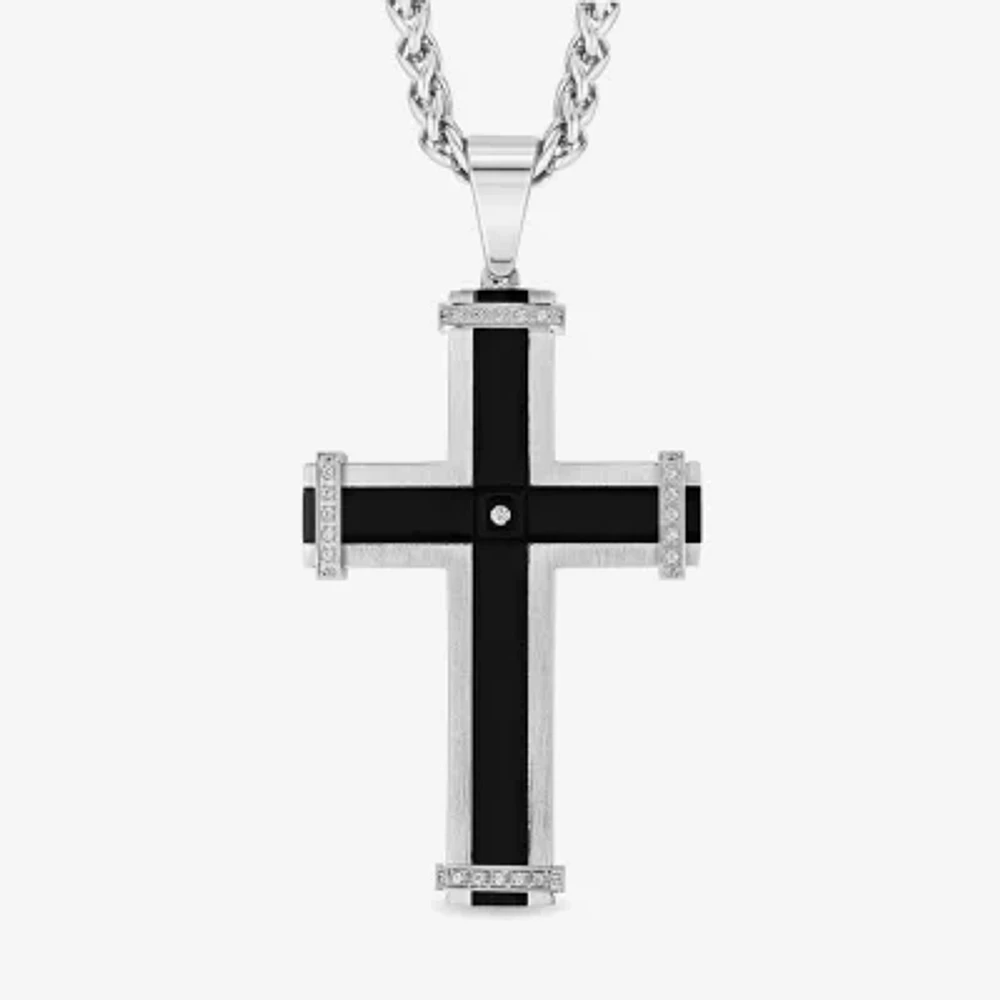 Mens Stainless Steel & Black Cubic Zirconia Cross Pendant Necklace