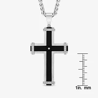 Mens Stainless Steel & Black Cubic Zirconia Cross Pendant Necklace