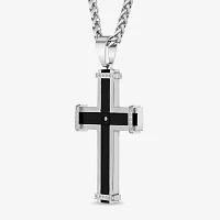 Mens Stainless Steel & Black Cubic Zirconia Cross Pendant Necklace