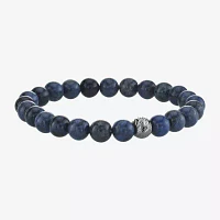 Mens Blue Agate Sterling Silver Beaded Bracelet