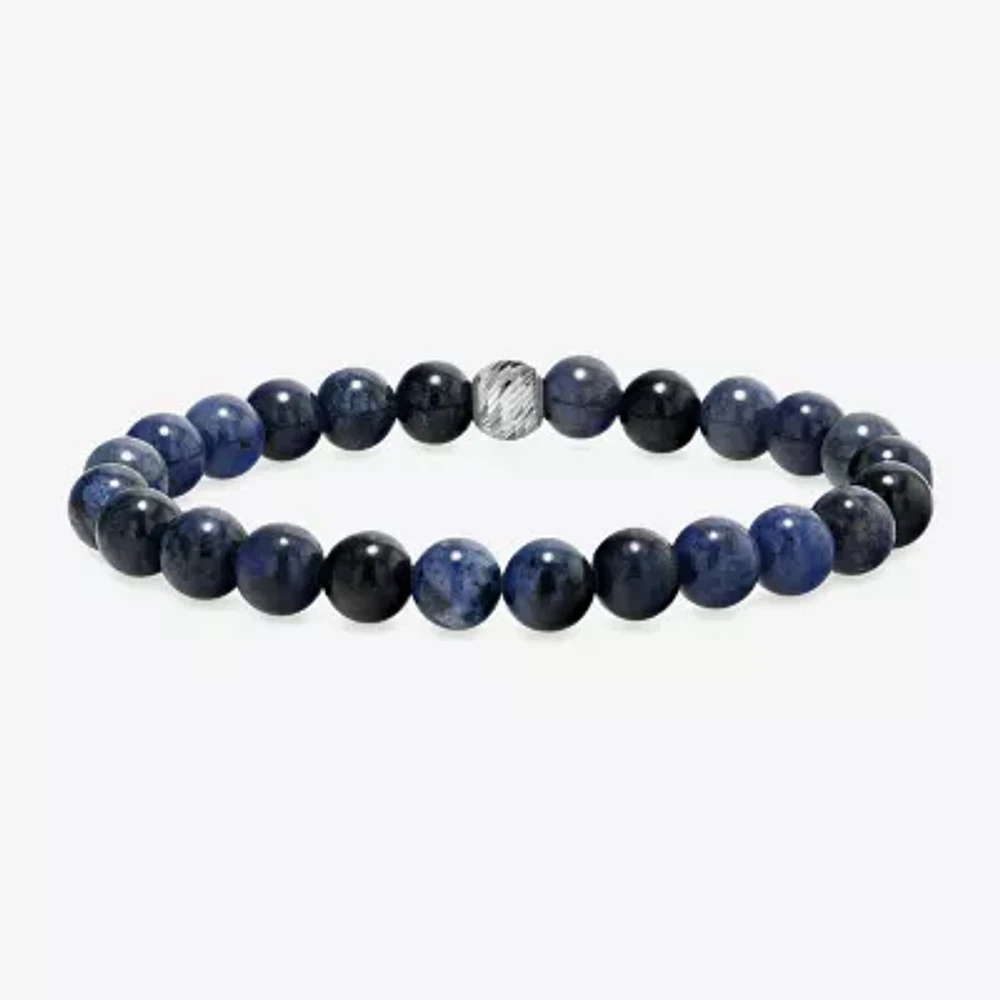 Mens Blue Agate Sterling Silver Beaded Bracelet