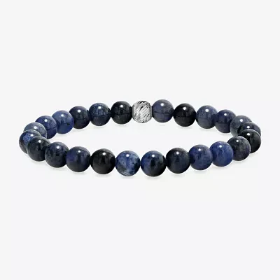 Mens Blue Agate Sterling Silver Beaded Bracelet