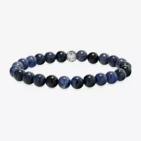 Mens Blue Agate Sterling Silver Beaded Bracelet