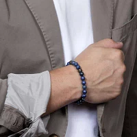 Mens Blue Agate Sterling Silver Beaded Bracelet
