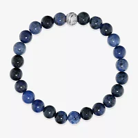 Mens Blue Agate Sterling Silver Beaded Bracelet