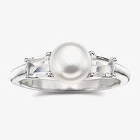 Cultured Freshwater Pearl & Lab-Created White Sapphire 3-Stone Ring Sterling Silver