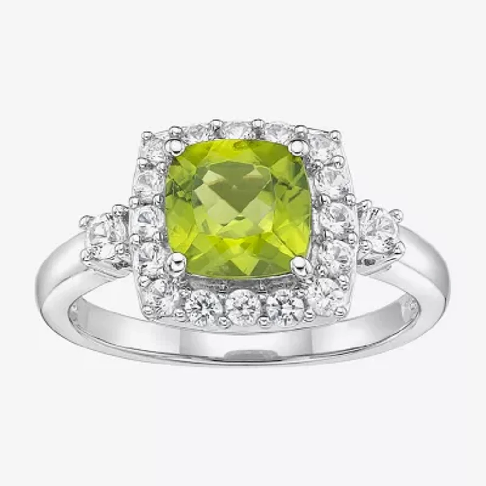 Womens Genuine Green Peridot Sterling Silver Cushion Halo Cocktail Ring