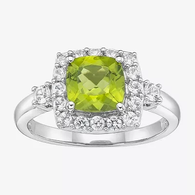 Womens Genuine Green Peridot Sterling Silver Cushion Halo Cocktail Ring